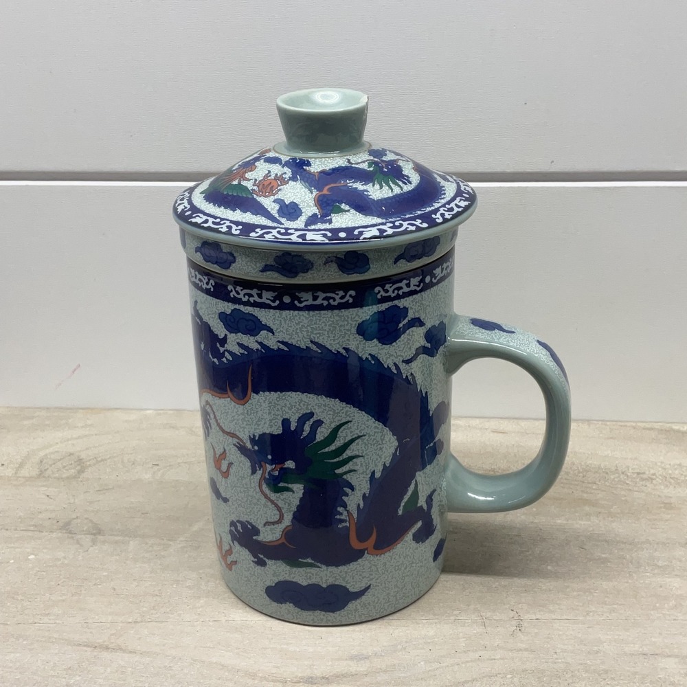 Blue Dragon Ceramic Tea Mug with Lid and Infuser 3 Piece Set Celadon Green